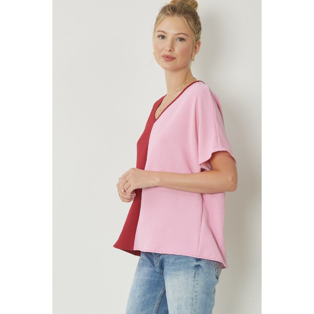 Entro Color Block V-Neck Top, Ruby - Picture 2 of 6